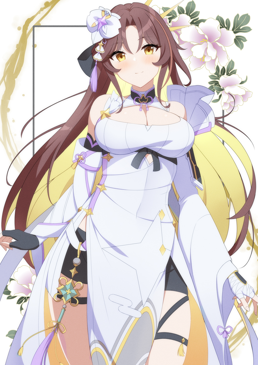 1girl, adin_(epic_seven), bandaged_hand, bandaged_neck, bandages, brown_hair, cleavage_cutout, clothing_cutout