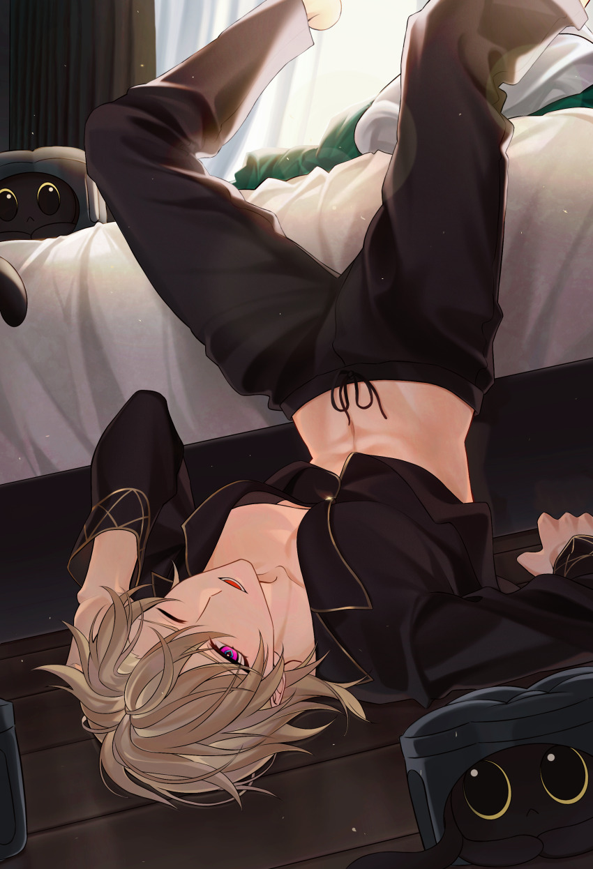 1boy, absurdres, aventurine_(honkai:_star_rail), bed, blonde_hair, brown_pajamas, brown_pants, cake_cat_(honkai:_star_rail), hair_between_eyes, highres, honkai:_star_rail, honkai_(series), koushuiba, looking_at_viewer, male_focus, midriff, navel, one_eye_closed, open_clothes, open_mouth, open_shirt, pajamas, pants, pink_eyes, short_hair, solo, stomach