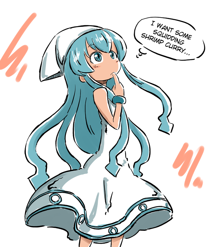 1girl, blue_eyes, blue_hair, bracelet, dress, female_focus, finger_to_mouth, hard-translated, hat, ikamusume, jewelry, long_hair, matching_hair/eyes, shinryaku!_ikamusume, solo, sonson_(eleven), squid, tentacles, third-party_edit, translated, very_long_hair, white_background