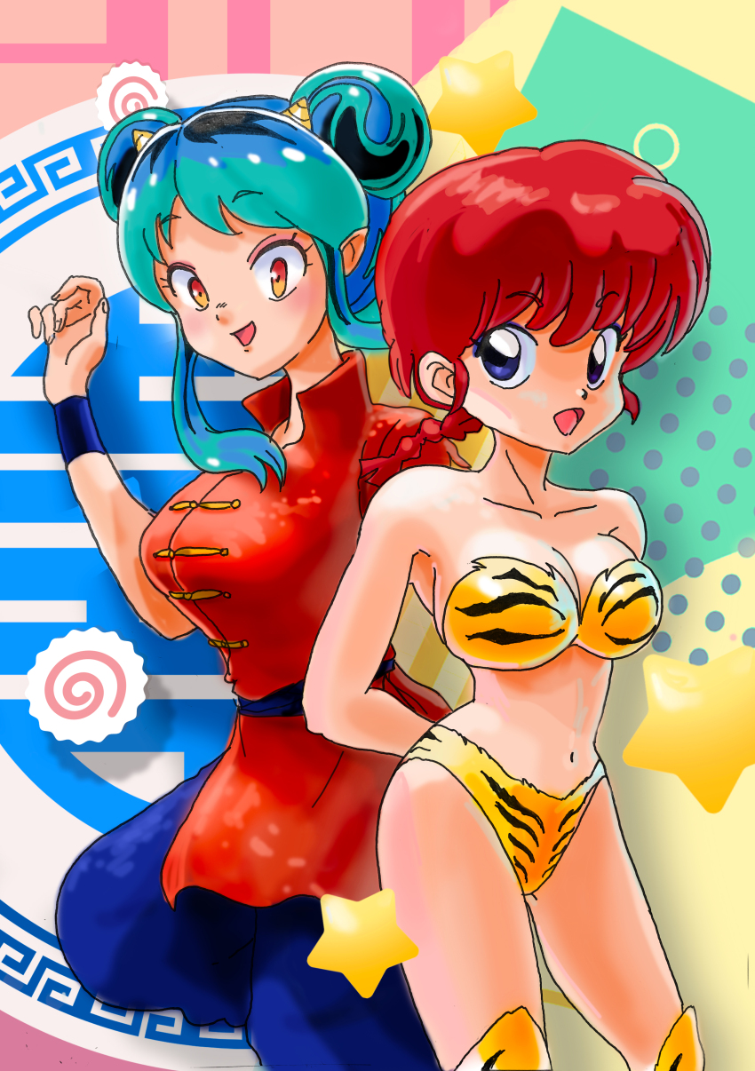 1980s_(style), 2girls, :d, absurdres, animal_print, arms_behind_back, blue_eyes, blue_hair, boots, braid, breasts, china_dress, chinese_clothes, cleavage, commentary_request, cosplay, covered_navel, creator_connection, d_design_oku, double_bun, dress, fish_cake, hair_bun, highres, horns, knee_boots, large_breasts, long_hair, looking_at_viewer, lum, lum_(cosplay), meandros, multiple_girls, oldschool, open_mouth, ranma-chan, ranma-chan_(cosplay), ranma_1/2, red_hair, retro_artstyle, short_hair, smile, standing, star_(symbol), tiger_print, urusei_yatsura, wristband, yellow_eyes