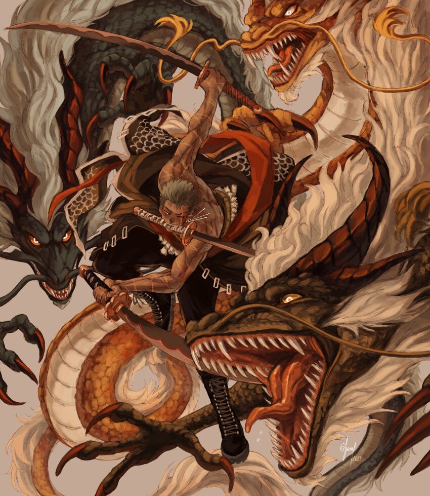 1boy, absurdres, claws, dragon, earrings, eastern_dragon, floating, full_body, green_hair, haramaki, highres, holding, holding_sword, holding_weapon, horns, jewelry, lunaisanartist, male_focus, mouth_hold, multiple_scars, one_eye_closed, one_piece, roronoa_zoro, scales, scar, scar_across_eye, scar_on_arm, scar_on_face, scars_all_over, short_hair, sideburns, single_earring, solo, sword, too_many, topless_male, triple_wielding, weapon