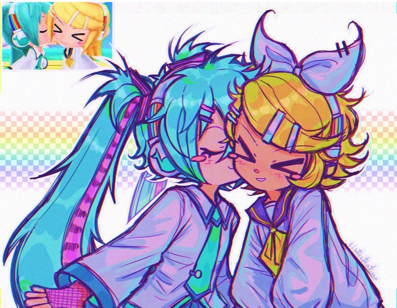 2girls, blonde_hair, bow, chibi, derivative_work, hair_bow, hair_ornament, hair_ribbon, hairclip, hatsune_miku, kagamine_rin, kiss, linterteatime, long_hair, long_sleeves, multiple_girls, project_mirai, ribbon, sakasama_rainbow_(vocaloid), screenshot_redraw, short_hair, smile, twintails, very_long_hair, vocaloid, yuri