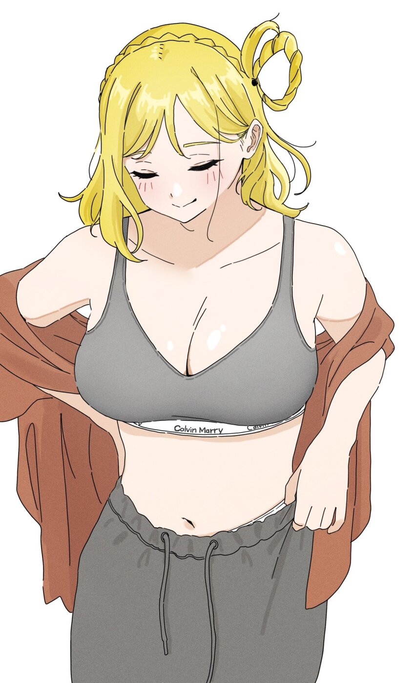 1girl, blonde_hair, blush, bra, braid, brand_name_imitation, breasts, brown_coat