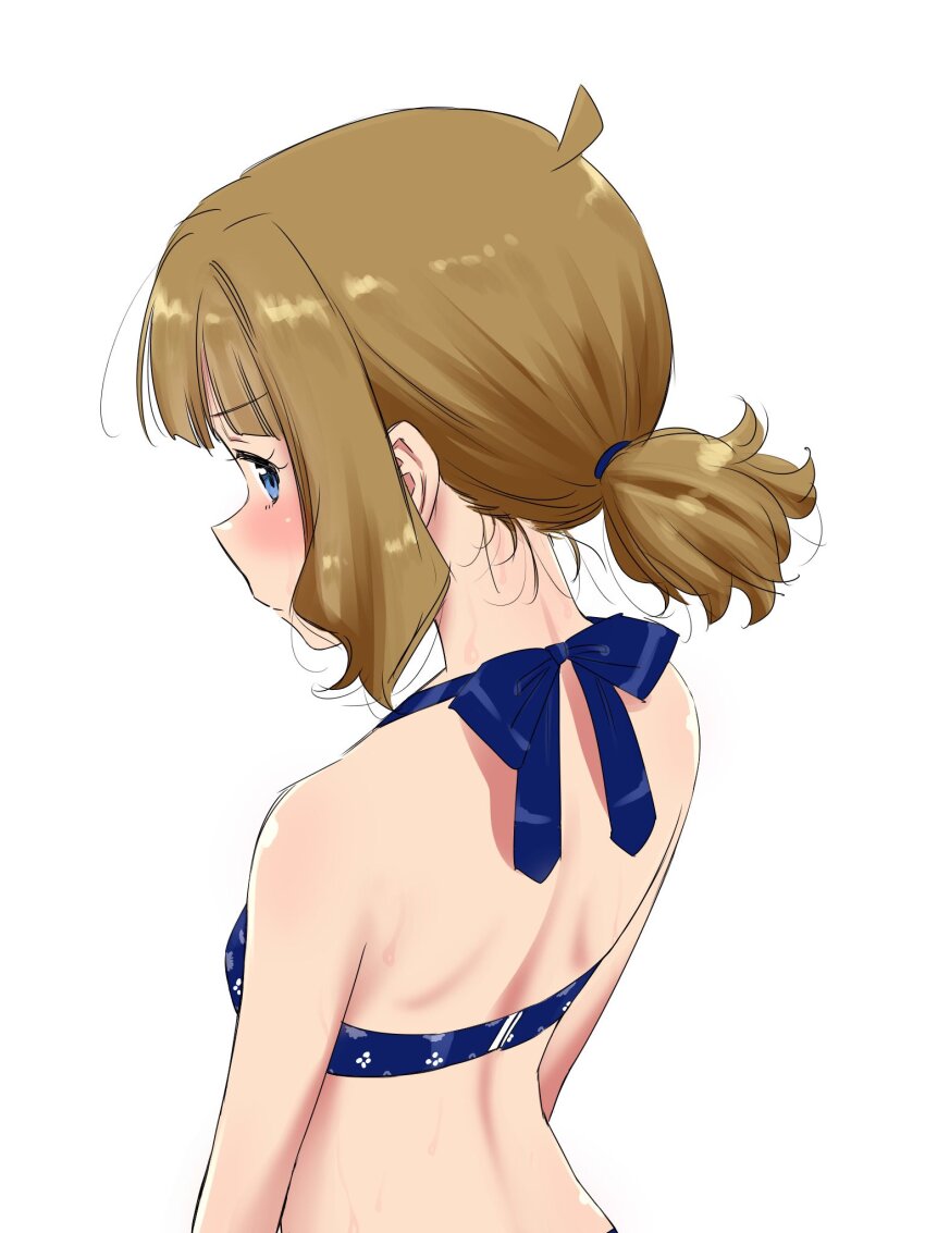 1girl, ahoge, bikini, blue_bikini, blue_eyes, blush, breasts, brown_hair, commentary_request, embarrassed, highres, idolmaster, idolmaster_million_live!, looking_at_viewer, matcha_kingyo, medium_hair, nape, ponytail, print_bikini, shindan_maker, sidelocks, small_breasts, solo, suou_momoko, swimsuit, upper_body, wavy_hair, wet, white_background