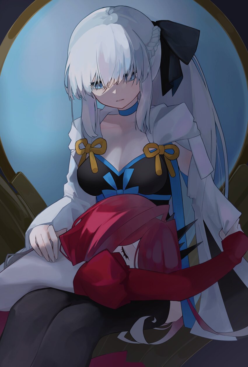 2girls, absurdres, baobhan_sith_(fate), baobhan_sith_(first_ascension)_(fate), black_dress, blue_eyes, breasts, closed_eyes