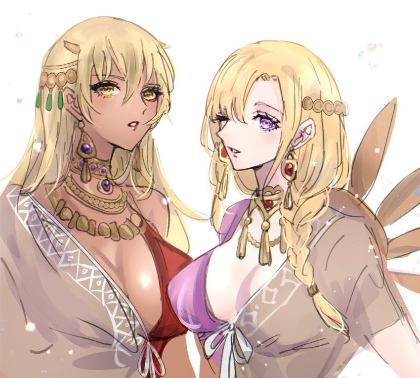2girls, blonde_hair, braid, breasts, dark-skinned_female, dark_skin, earrings, eyelashes