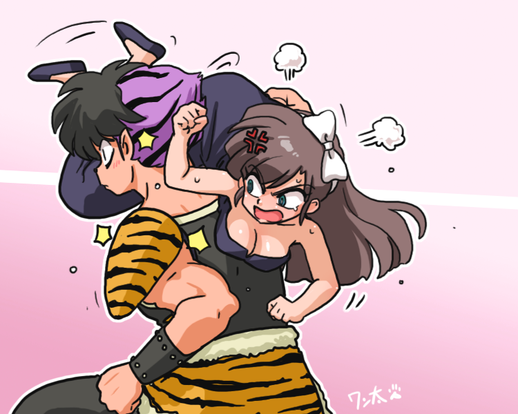 1boy, 1girl, anger_vein, angry, animal_print, aqua_eyes, armor, bare_shoulders