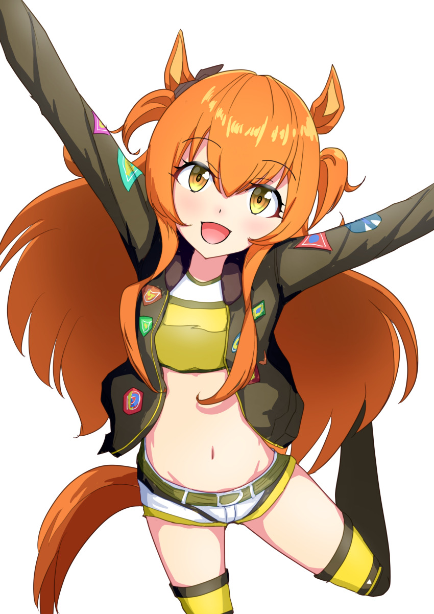 1girl, absurdres, animal_ears, arms_up, belt, black_ribbon, black_thighhighs, blush