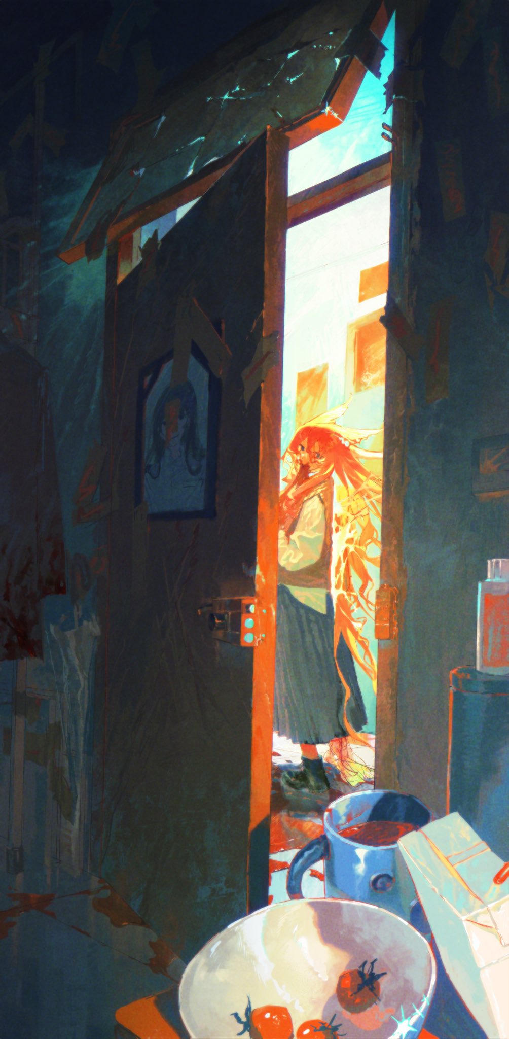 1girl, black_footwear, blue_skirt, bowl, brown_vest, coffee_mug, cup, food