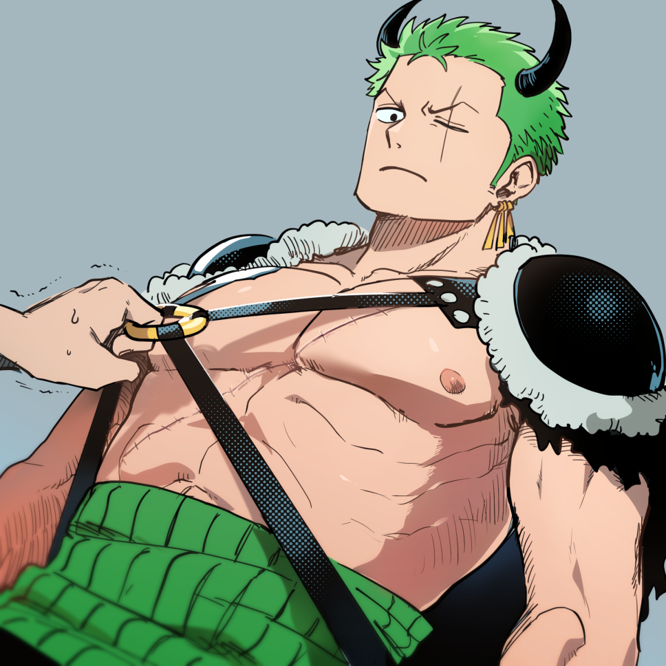 1boy, abs, bare_pectorals, chest_harness, demon_horns, earrings, green_hair, grey_background