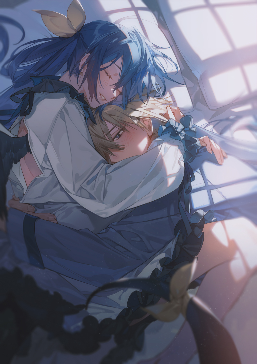 1boy, 1girl, backless_outfit, blonde_hair, blue_eyes, blue_hair, blue_pajamas, closed_eyes