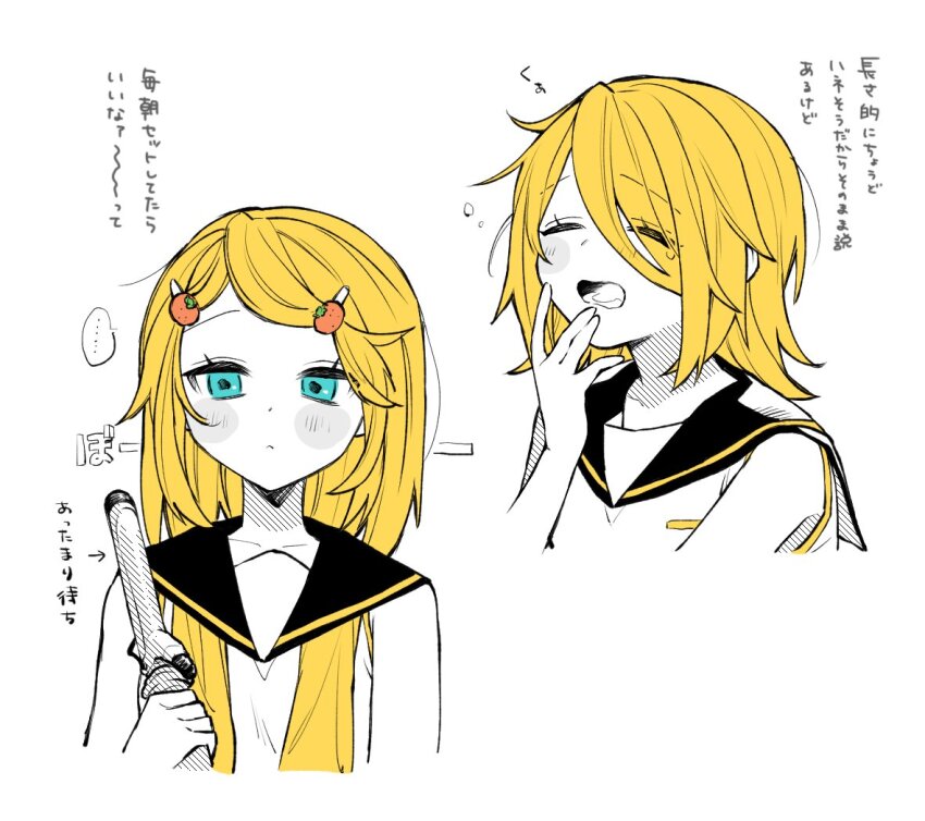 1girl, :<, aqua_eyes, bare_shoulders, black_sailor_collar, blonde_hair, blush_stickers, curling_iron