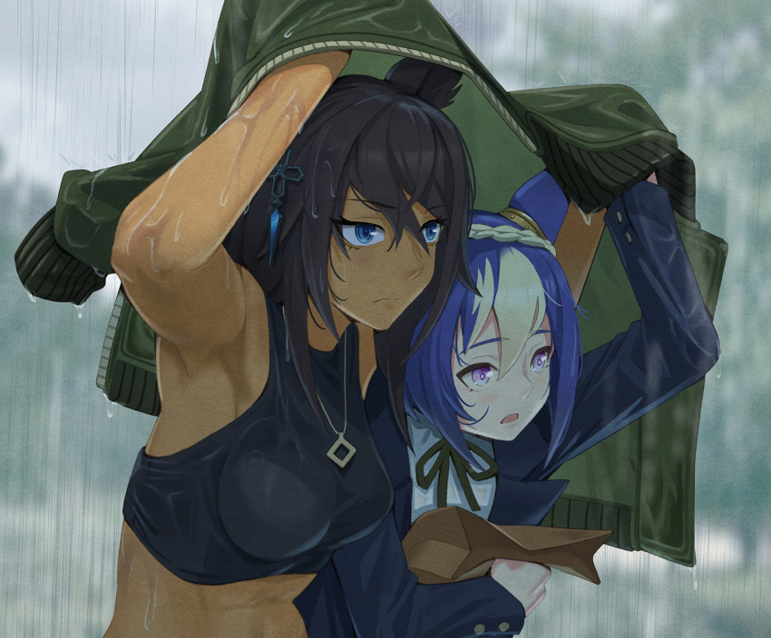 2girls, animal_ears, arm_up, bag, black_hair, blue_hair, blue_jacket, cesario_(casual)_(umamusume)