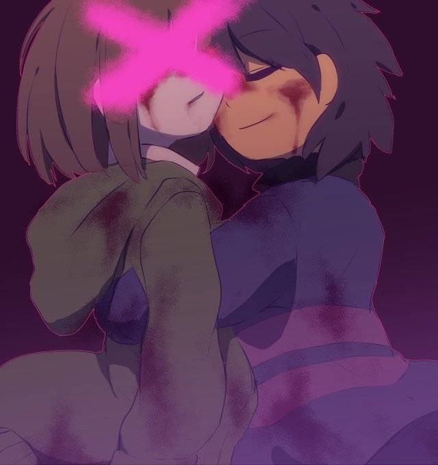 2others, androgynous, black_background, blood, blood_on_clothes, blood_on_face, blue_shirt, brown_hair