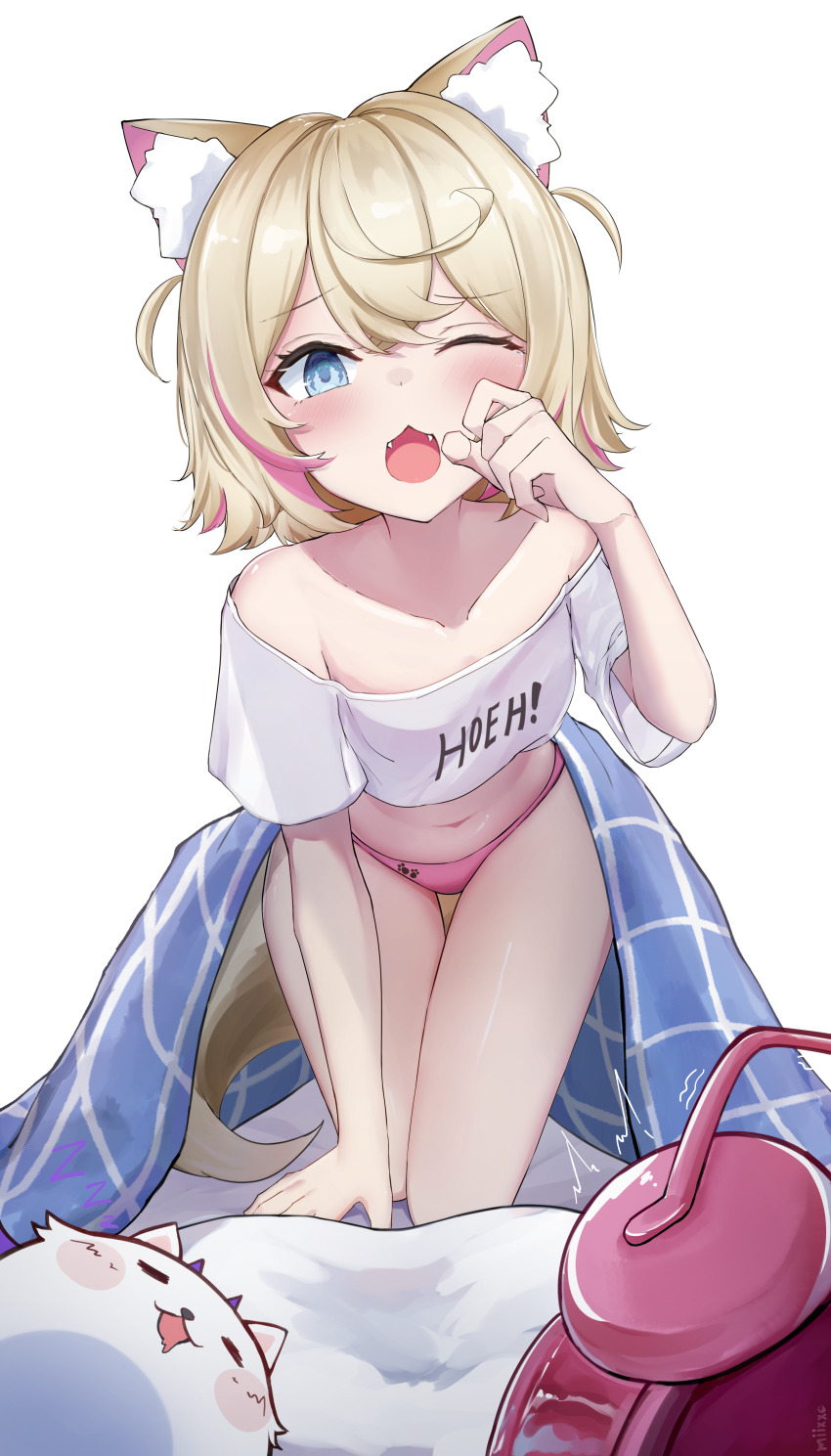 :3, absurdres, alarm_clock, all_fours, animal_ears, bare_shoulders, bed_sheet, blonde_hair