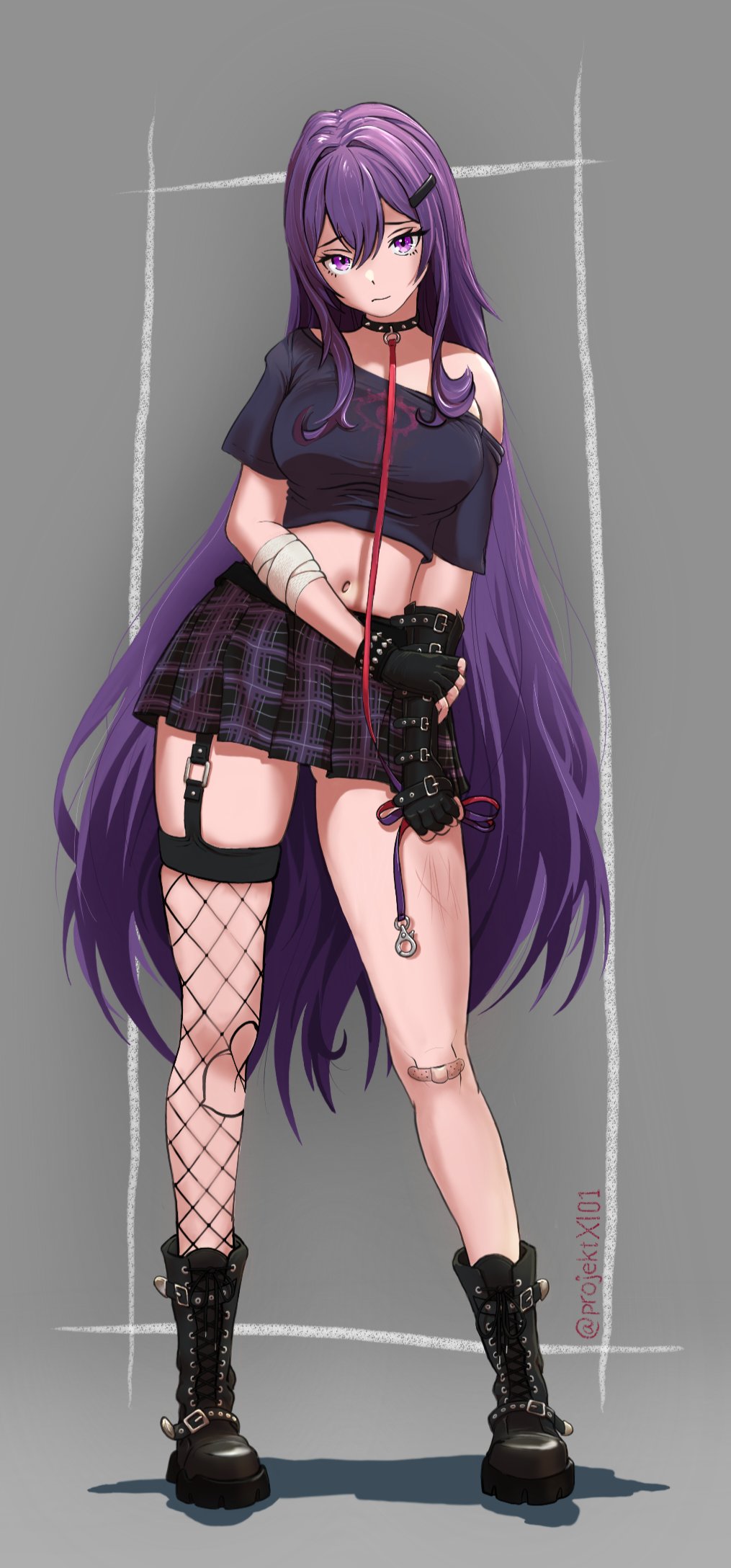 1girl, bandaged_arm, bandages, black_boots, black_choker, black_gloves, black_shirt, black_skirt