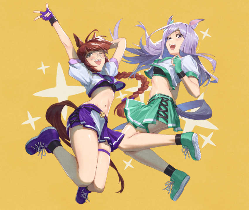 2girls, animal_ears, aqua_eyes, aqua_shoes, aqua_skirt, arm_up, arms_up, black_socks
