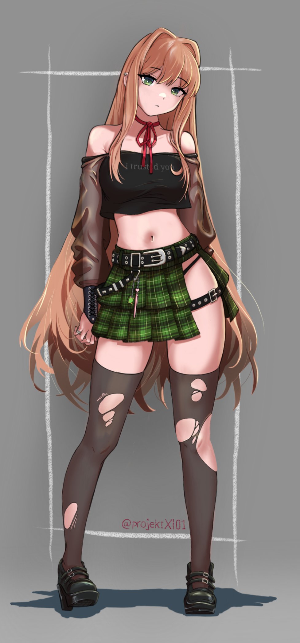 1girl, bare_shoulders, belt, black_belt, black_shirt, black_shoes, black_thighhighs, blue_eyes, brown_hair, choker, crop_top, doki_doki_literature_club, full_body, goth_fashion, green_skirt, grey_background, head_tilt, highres, jason_viera, long_hair, long_sleeves, looking_at_viewer, midriff, miniskirt, monika_(doki_doki_literature_club), navel, off-shoulder_shirt, off_shoulder, plaid_clothes, plaid_skirt, pleated_skirt, red_choker, red_ribbon, ribbon, ribbon_choker, shirt, shoes, skirt, solo, standing, stomach, thigh_strap, thighhighs, thighs, very_long_hair