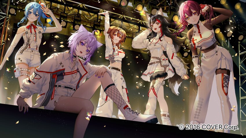 5girls, :3, :d, absurdres, adjusting_hair, ahoge, animal_collar, animal_ears