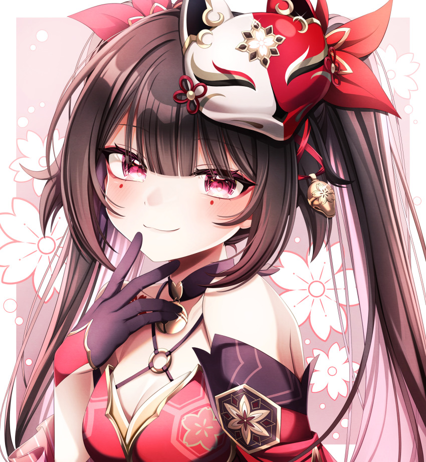 absurdres, bare_shoulders, bell, black_choker, black_gloves, border, breasts, brown_hair