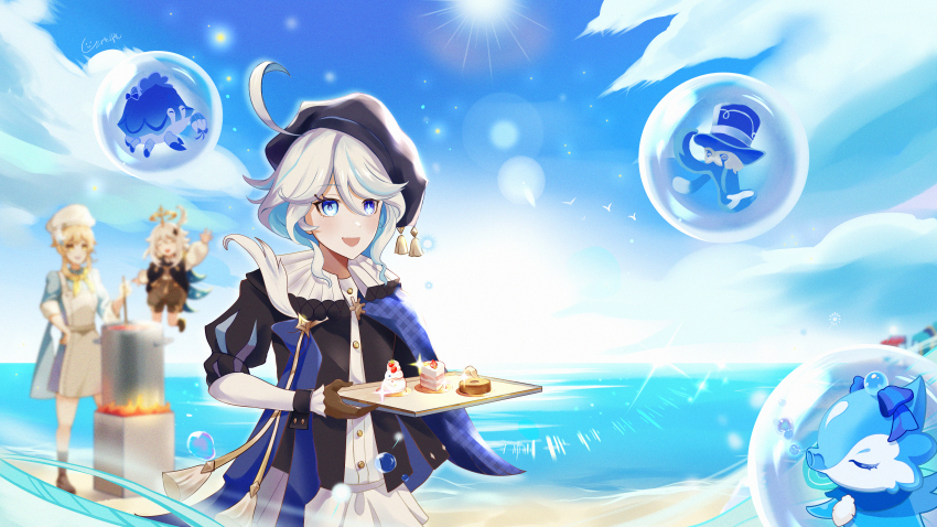 3girls, :d, absurdres, ahoge, beach, black_hat, black_jacket, blonde_hair