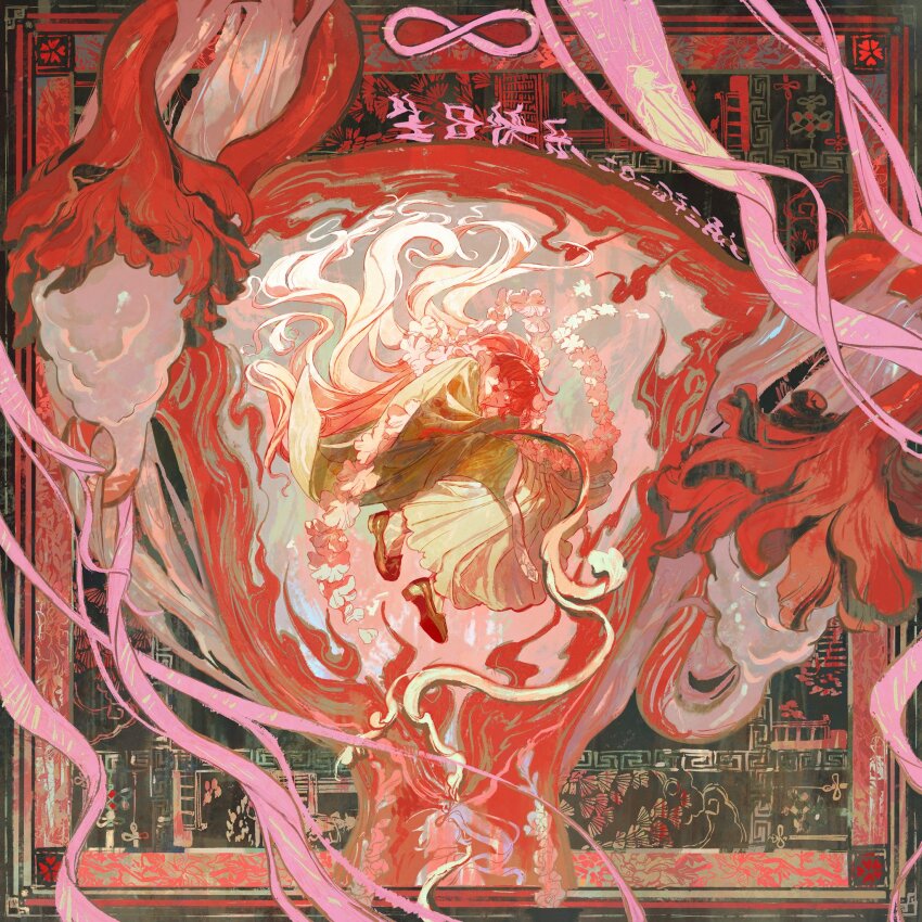 1girl, black_cloak, black_footwear, cloak, closed_eyes, closed_mouth, gradient_hair, highres