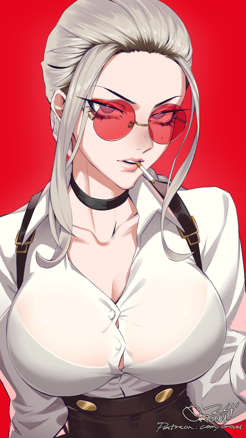 1girl, artist_name, blonde_hair, breasts, brown_hair, choker, cigarette, cleavage, collarbone, commentary, gokurakugai, highres, large_breasts, long_sleeves, looking_at_viewer, mature_female, mole, mole_on_cheek, mouth_hold, multicolored_hair, orouu, patreon_username, purple_eyes, red-framed_eyewear, red_background, round_eyewear, shirt_tucked_in, simple_background, smoking, solo, tao_(gokurakugai), teeth, two-tone_hair, upper_body, upper_teeth_only