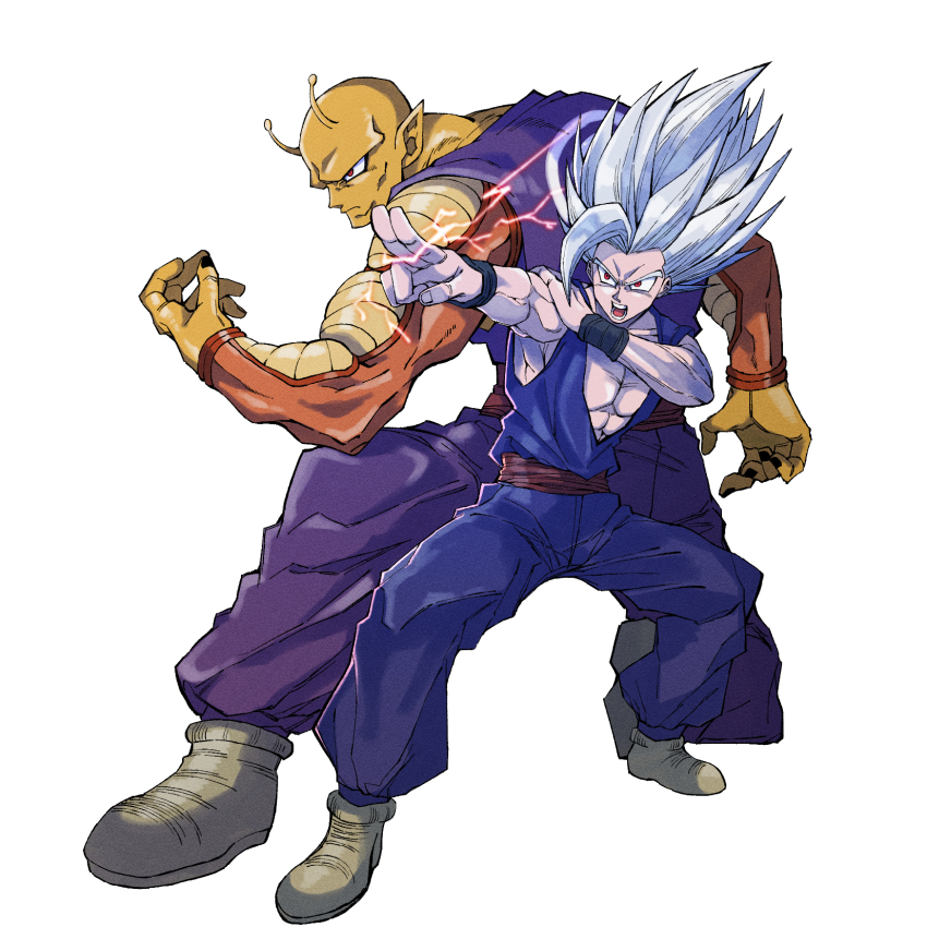 2boys, antennae, back-to-back, black_nails, closed_mouth, colored_skin, dougi, dragon_ball