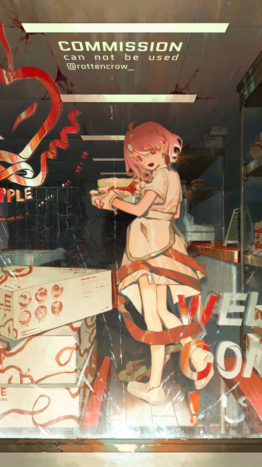 1girl, :3, :d, absurdres, box, box_stack, cake, cash_register