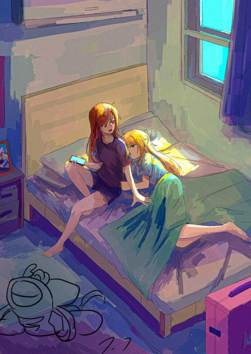 2girls, absurdres, aged_up, barefoot, bed, bedroom, black_shirt, blonde_hair