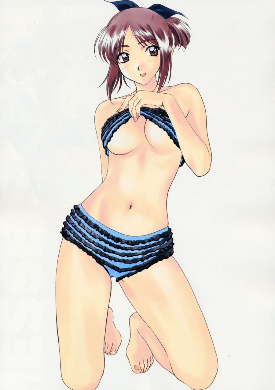 1990s_(style), 1girl, barefoot, bikini, bow, breasts, brown_eyes, brown_hair, clothes_lift, female_focus, frills, highres, kneeling, medium_breasts, morii_kaho, navel, open_mouth, polorinken, retro_artstyle, scan, sentimental_graffiti, shirt_lift, short_hair, solo, strapless, swimsuit, tube_top, tube_top_lift, underboob