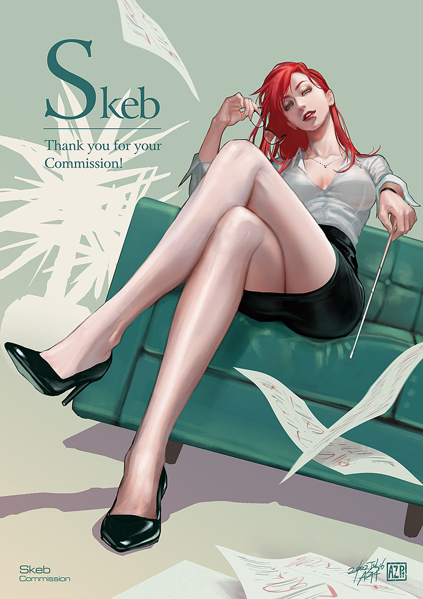 1girl, academic_test, az_pt, black_footwear, black_skirt, breasts, cleavage, commission