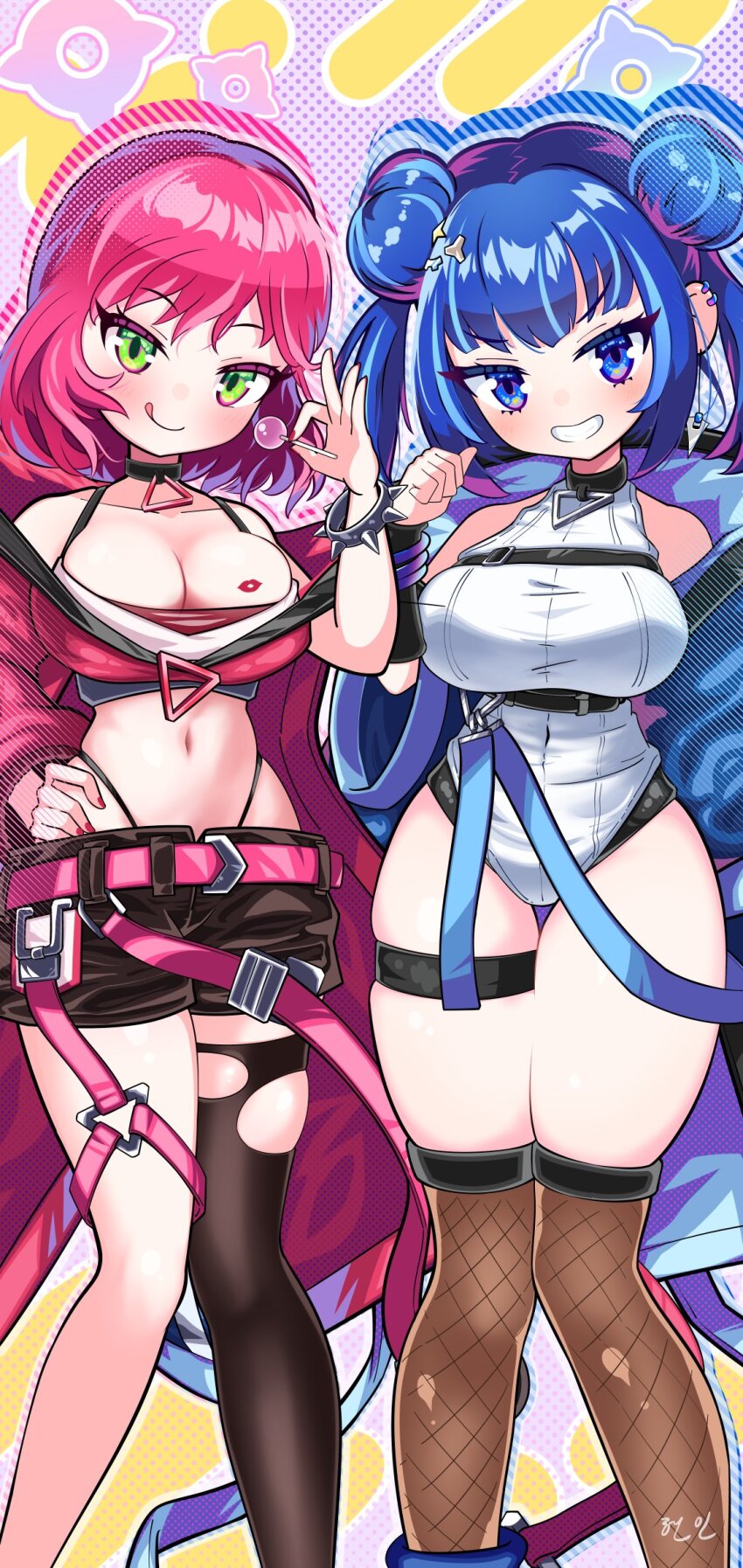 2girls, belt, blue_belt, blue_coat, blue_eyes, blue_hair, breasts, candy