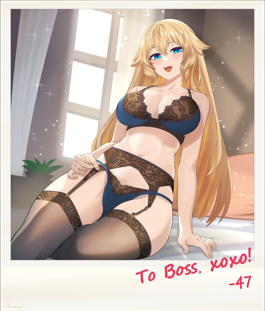 1girl, ak-47_(girls'_frontline), arm_support, blonde_hair, blue_bra, blue_eyes, blue_panties, bra