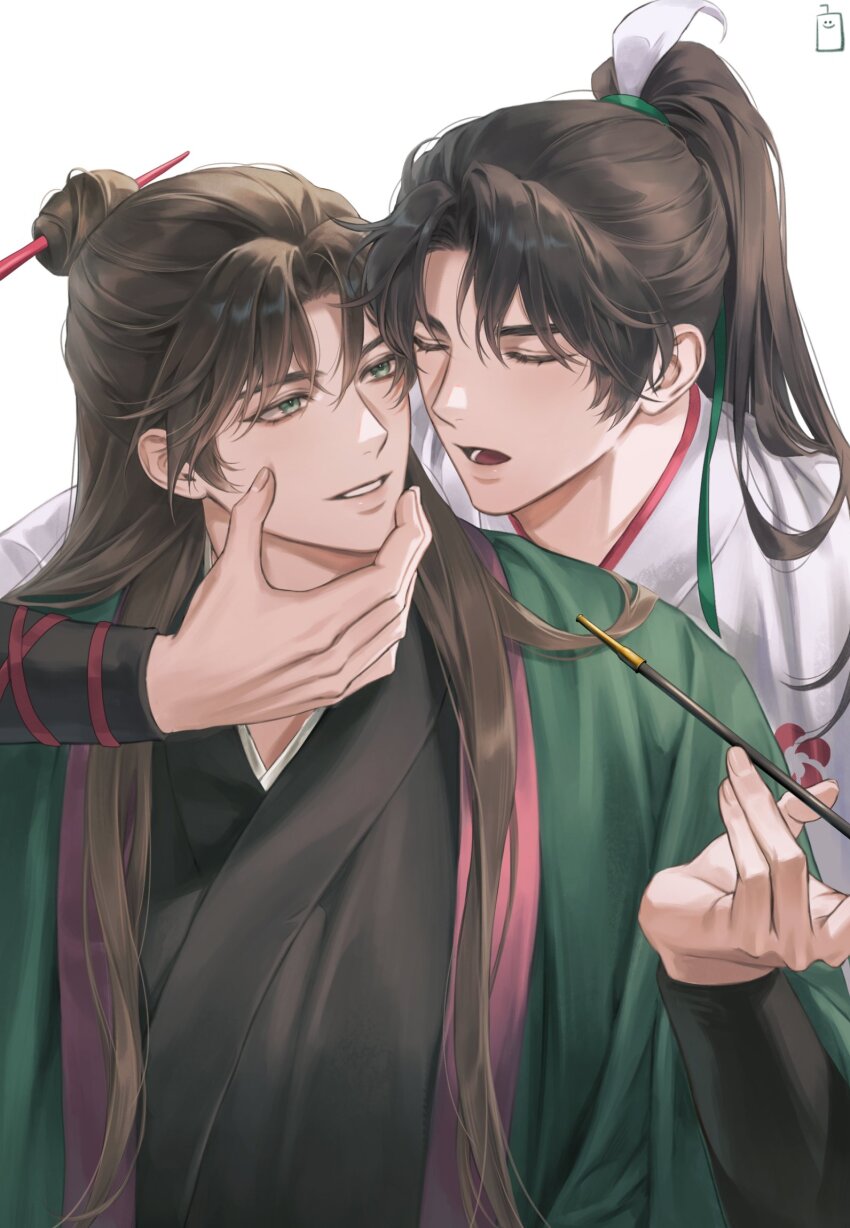 2boys, black_hair, black_hanbok, cheongmyeong_(return_of_the_mount_hua_sect), closed_eyes, closed_mouth, duyu_(07040613), green_eyes