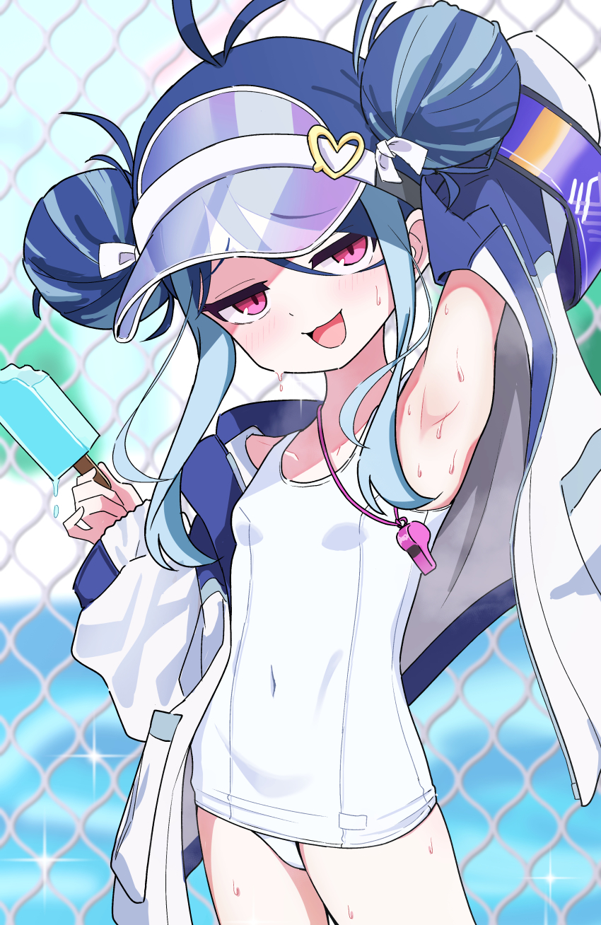 1girl, :3, absurdres, armpits, artist_request, blue_archive, blue_hair, blurry, breasts, competition_swimsuit, cowboy_shot, food, fubuki_(blue_archive), fubuki_(swimsuit)_(blue_archive), furrowed_brow, hair_bun, hat, highres, himitsu_ni_shitoite_ageru, jacket, jitome, loli, lowleg, lowleg_swimsuit, navel, one-piece_swimsuit, open_mouth, pink_eyes, popsicle, small_breasts, smile, smug, solo, sweat, swimsuit, whistle