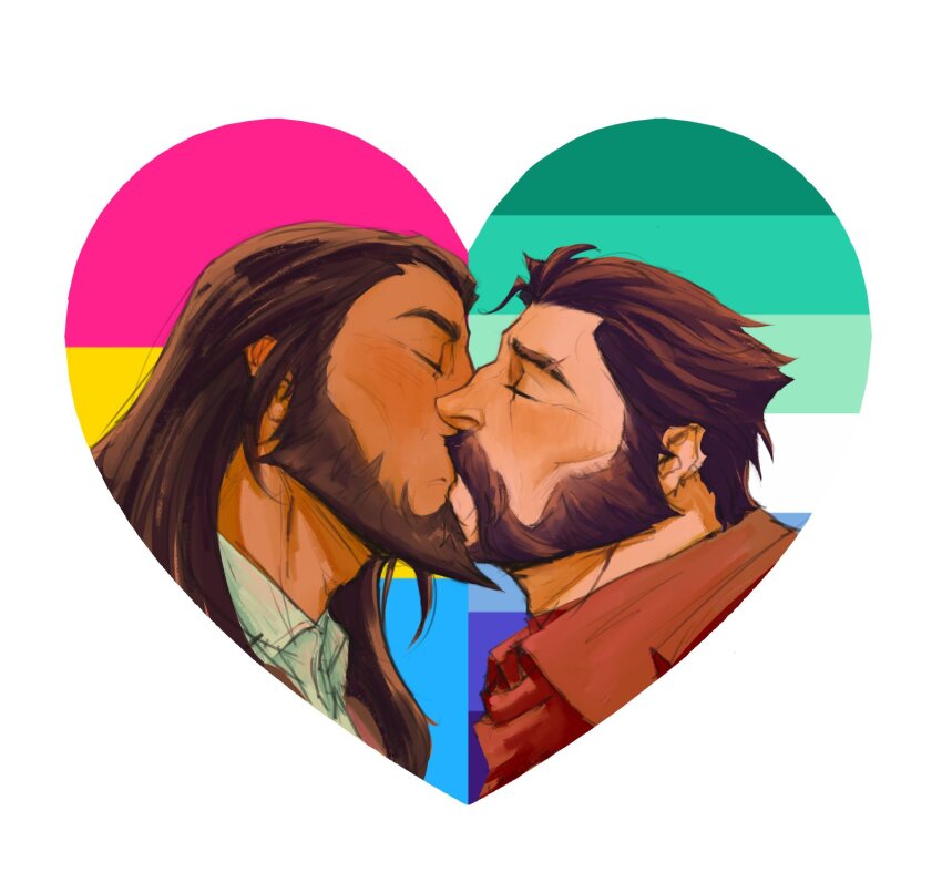 2boys, analligator, bara, beard, blush, cheekbones, closed_eyes, couple