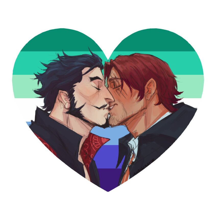 2boys, analligator, bara, beard, black_hair, blush, cheekbones, closed_eyes