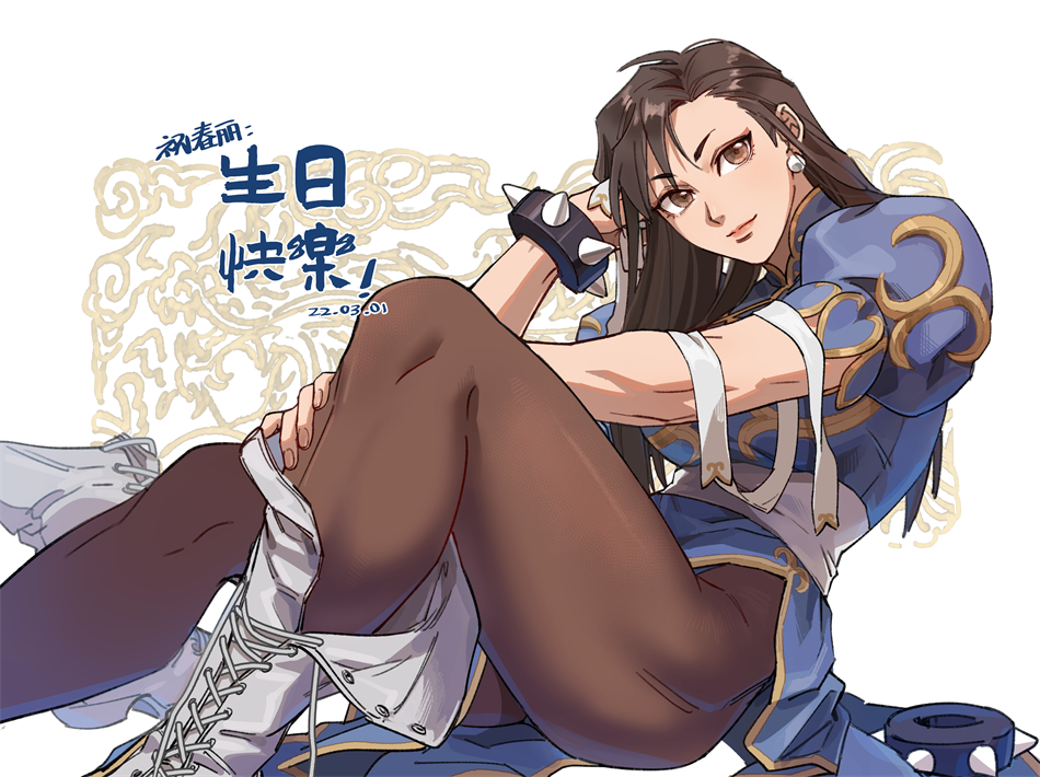 1girl, black_hair, blue_dress, boots, bracelet, brown_eyes, brown_panties, bun_cover, capcom, china_dress, chinese_clothes, chun-li, collared_dress, cross_laced_footwear, dated, dress, earrings, floating_earrings, gold_trim, hand_on_own_head, hand_on_own_leg, hand_up, head_tilt, highleg, highleg_panties, jewelry, knee_boots, lace-up_boots, legs, lips, long_hair, looking_at_viewer, panties, pantyhose, pearl_earrings, puffy_short_sleeves, puffy_sleeves, sash, sash_on_arm, short_sleeves, side_tilt, simple_background, sitting, smile, solo, spiked_bracelet, spikes, street_fighter, translation_request, underwear, unworn_headwear, white_boots, white_waistband, yuiofire