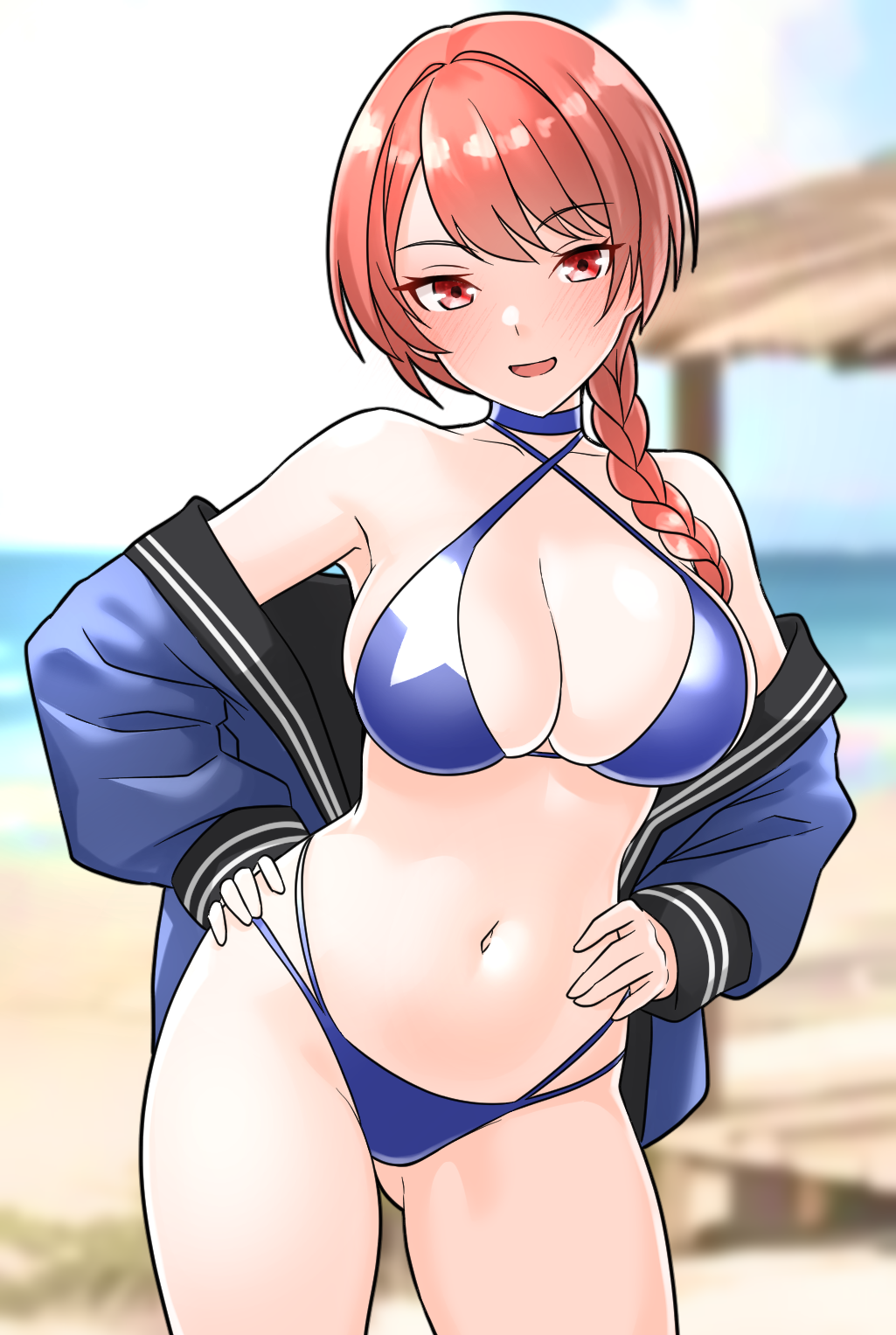 1girl, beach, bikini, blue_bikini, blue_jacket, blurry, blurry_background, blush, braid, breasts, contrapposto, cowboy_shot, criss-cross_halter, day, furaggu_(frag_0416), halterneck, hand_on_own_hip, hands_on_own_hips, highres, jacket, kantai_collection, large_breasts, long_hair, looking_at_viewer, multi-strapped_bikini_bottom, navel, nevada_(kancolle), open_clothes, open_jacket, outdoors, red_eyes, red_hair, single_braid, solo, standing, swimsuit