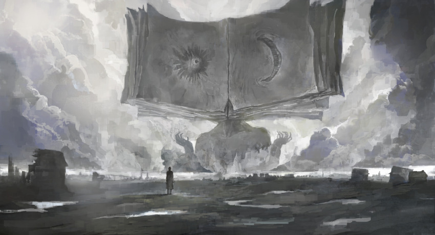 1other, book, book_head, building, cloud, cloudy_sky, coat, collarbone, giant, giant_monster, highres, horror_(theme), house, kohata_(kohatazuke), looking_at_creature, monster, monster_focus, one-eyed, open_book, original, pages, puddle, sky, smile, standing, teeth