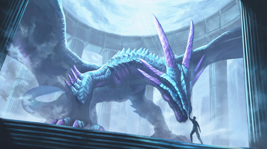 1boy, absurdres, backward-facing_horns, blue_scales, breath_weapon, claws, creature, dragon