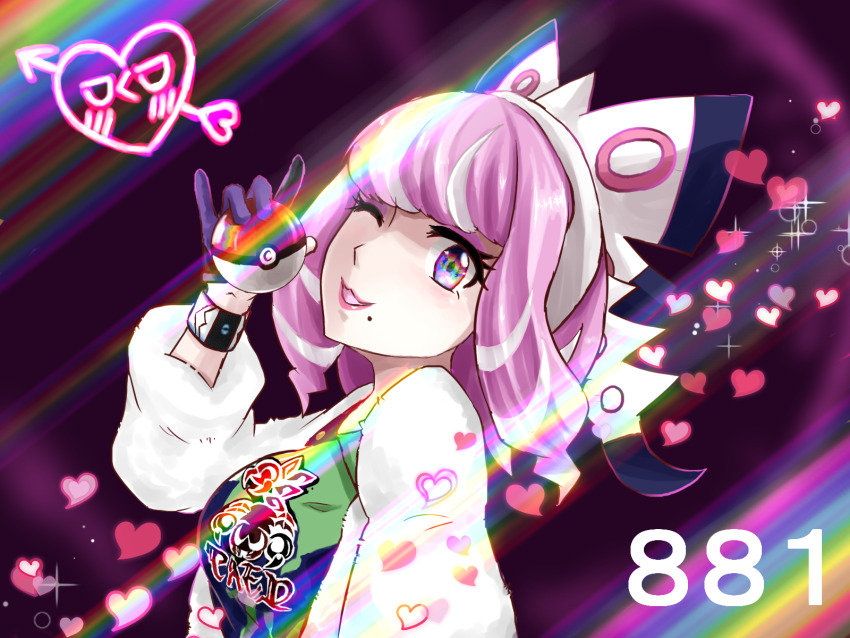 1girl, 2-gou_blue, bow, breasts, drill_hair, dynamax_band, eyeshadow, flipped_hair