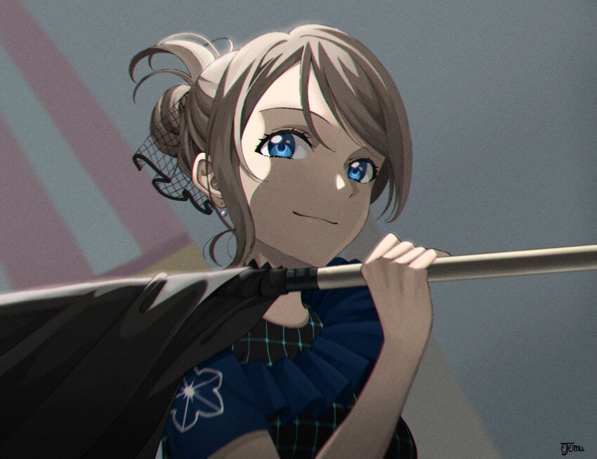 1girl, blue_eyes, brown_hair, earrings, fantastic_departure, flag, flagpole, highres