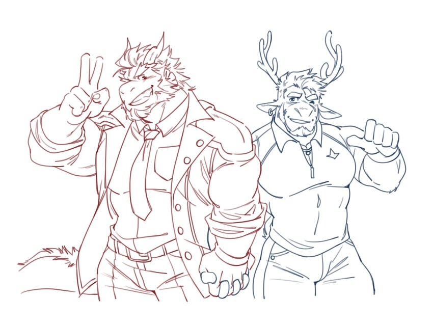 2boys, animal_ears, antlers, bara, beard, blue_eyes, blush, cheschirebacon