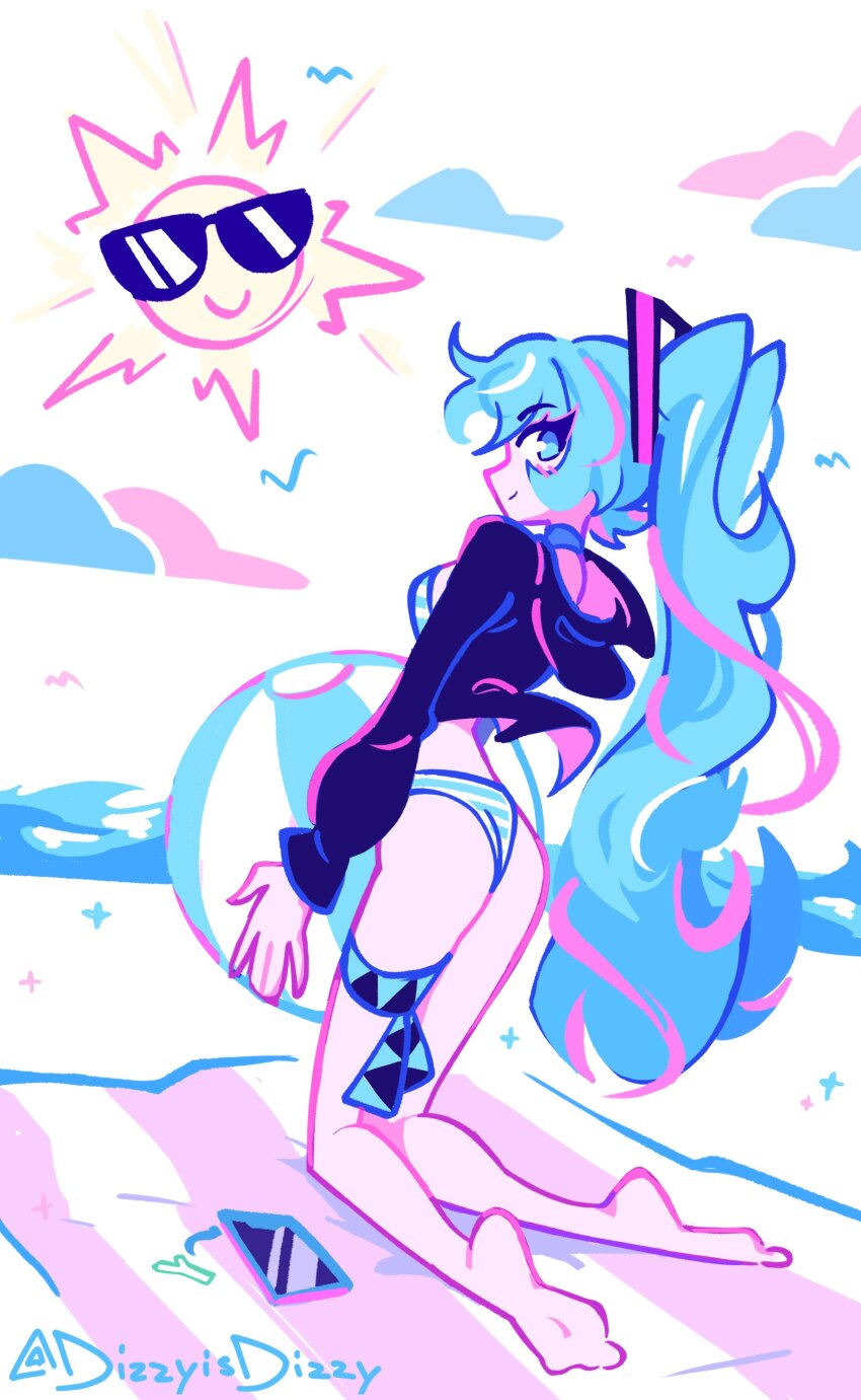 1girl, absurdres, ball, barefoot, beachball, blue_eyes, blue_hair, bra