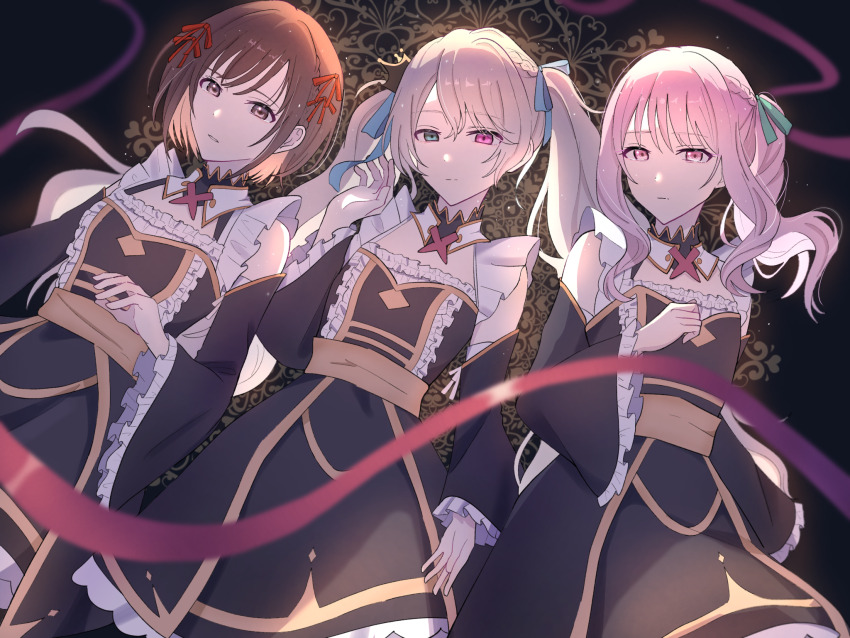 1other, 25-ji_miku, 25-ji_nightcord_de._(project_sekai), 2girls, akiyama_mizuki, androgynous, aose_(aose_pp), arm_at_side, blue_ribbon, bob_cut, braid, breasts, brown_eyes, brown_hair, closed_mouth, commentary, crown, gehenna_(vocaloid), green_eyes, green_ribbon, grey_hair, hand_up, hatsune_miku, heterochromia, highres, long_hair, long_sleeves, multiple_girls, pink_eyes, pink_hair, project_sekai, purple_eyes, red_ribbon, ribbon, shinonome_ena, short_hair, side_ponytail, sidelocks, split_mouth, twintails