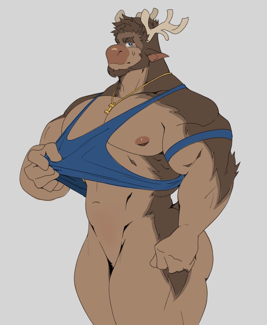 1boy, absurdres, animal_ears, antlers, bara, bare_pectorals, beard, blue_eyes