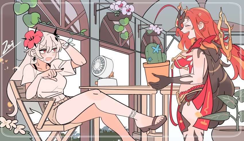 2girls, anklet, bare_arms, bare_legs, black_cape, border, brown_footwear, brown_shorts