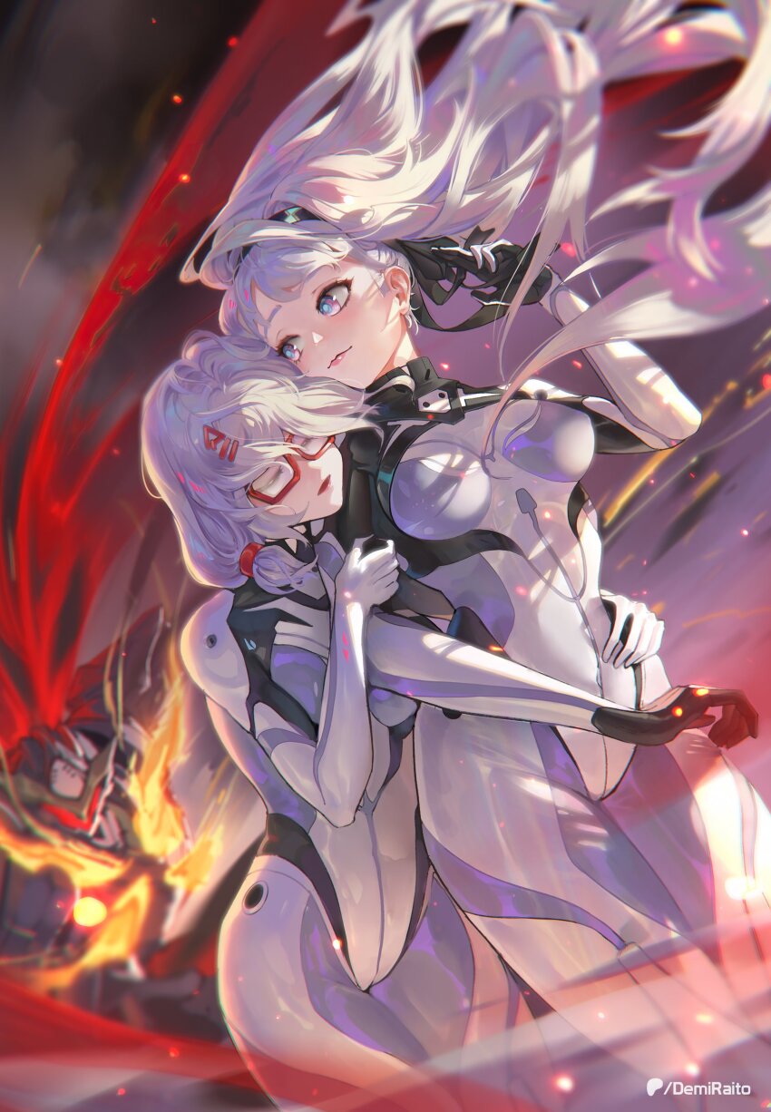 2girls, absurdres, ar-1368_(honkai:_star_rail), ar-214_(honkai:_star_rail), armor, closed_eyes, demiraito, fire